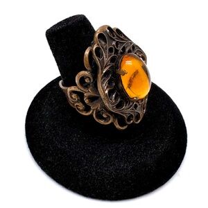 Vintage Kim Copper Filigree Ring with Topaz Glass Cabochon Adjustable